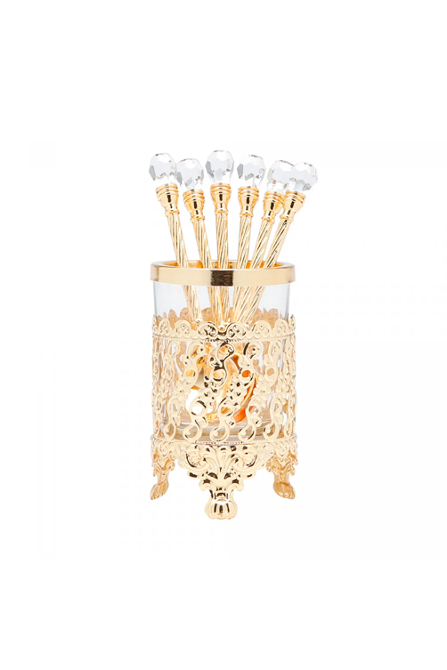Conjunto 6 Colheres de Zamac com Suporte Dourada 14cm