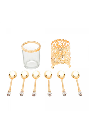 Conjunto 6 Colheres de Zamac com Suporte Dourada 14cm