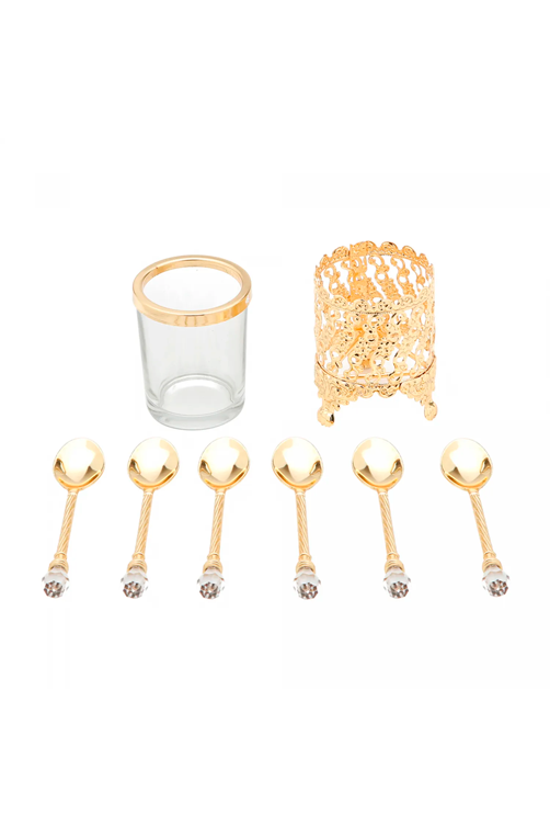 Conjunto 6 Colheres de Zamac com Suporte Dourada 14cm
