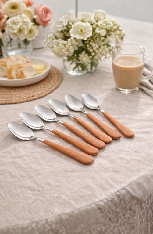 Conjunto 6 Colheres para Mesa de Aço Inox com Cabo em Plástico Amadeirado Milão