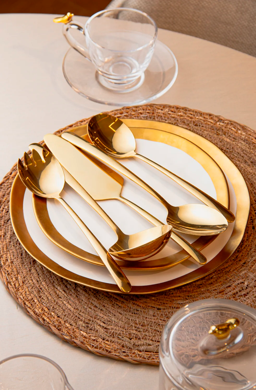 Conjunto de 7 Peças Espátula para Bolo e 6 Garfos para Sobremesa Viena Dourado Aço Inox