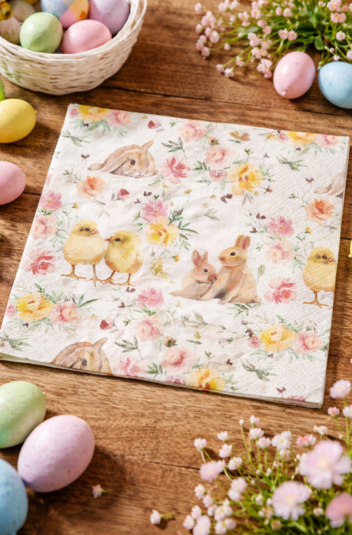 Guardanapo de Papel Decorativo de Páscoa Floral com Coelhos e Pintinhos 20 Folhas