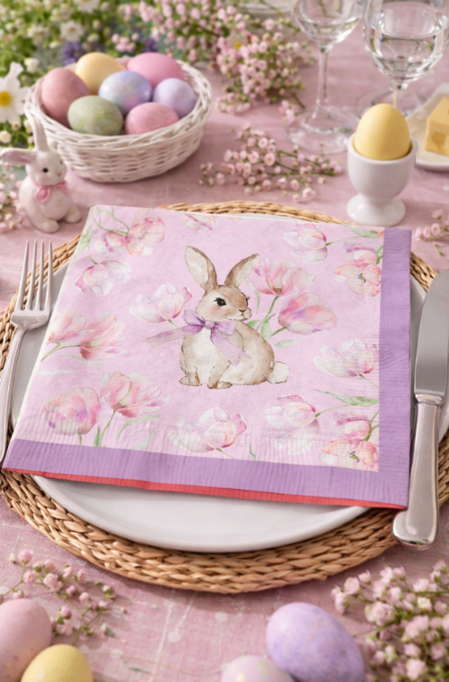 Guardanapo de Papel Decorativo de Páscoa com Coelho e Flores Rosas 20 Folhas
