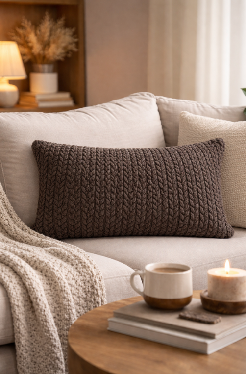 Almofada Tricô Trama Trançada de Apoio Mocha Mousse