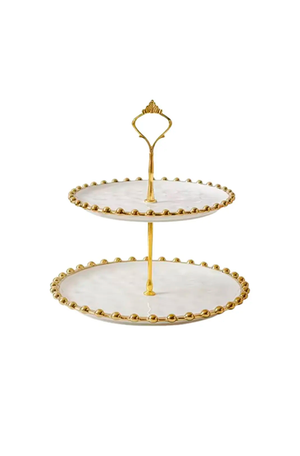 Bandeja Dulce Branco com Esfera Dourado de 2 Andares em Cerâmica