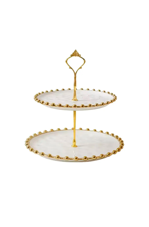 Bandeja Dulce Branco com Esfera Dourado de 2 Andares em Cerâmica