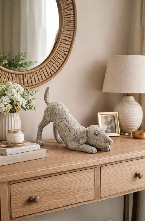 Escultura Cachorro Rabo em Pé Cinza