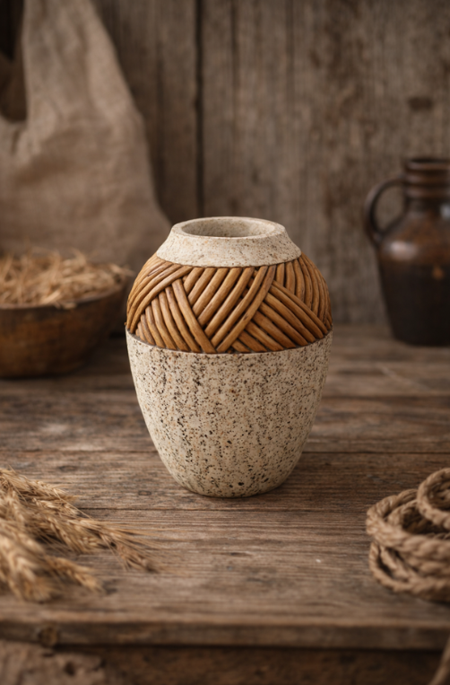 Vaso em Pó de Pedra com Detalhe Fake Madeira