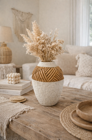 Vaso em Pó de Pedra com Detalhe Fake Madeira Off White