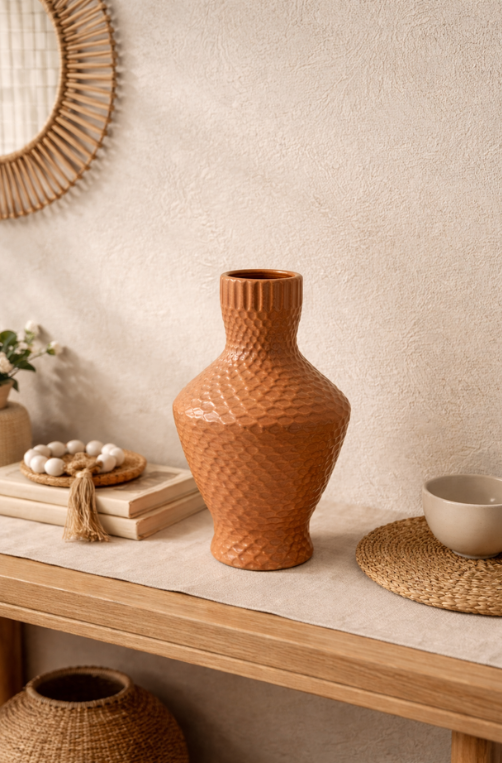 Vaso Triangular de Cerâmica Texturizado Caramelo