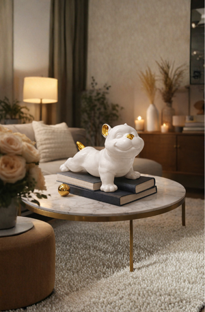 Escultura Cachorro Branco com Dourado em Cerâmica