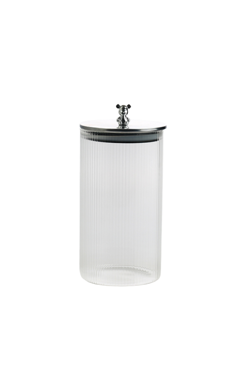 Pote em Vidro Canelado com Tampa e Urso Prata Médio