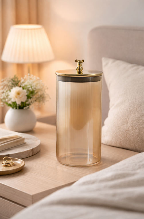 Pote de Vidro Canelado Âmbar com Tampa e Urso Dourado