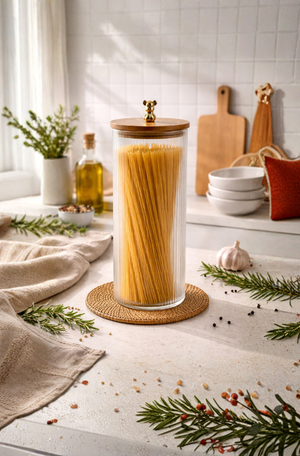 Pote em Vidro Canelado com Tampa e Urso Dourado Grande