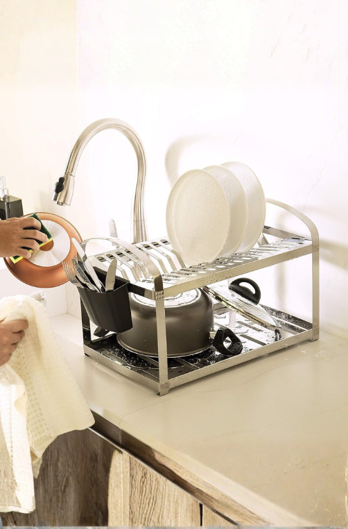 Escorredor Suprema de 16 Pratos em Aço Inox com Porta Talheres em Plástico