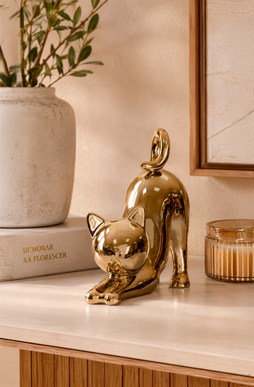 Escultura Decorativa de Gato Dourado em Cerâmica 11,5cm