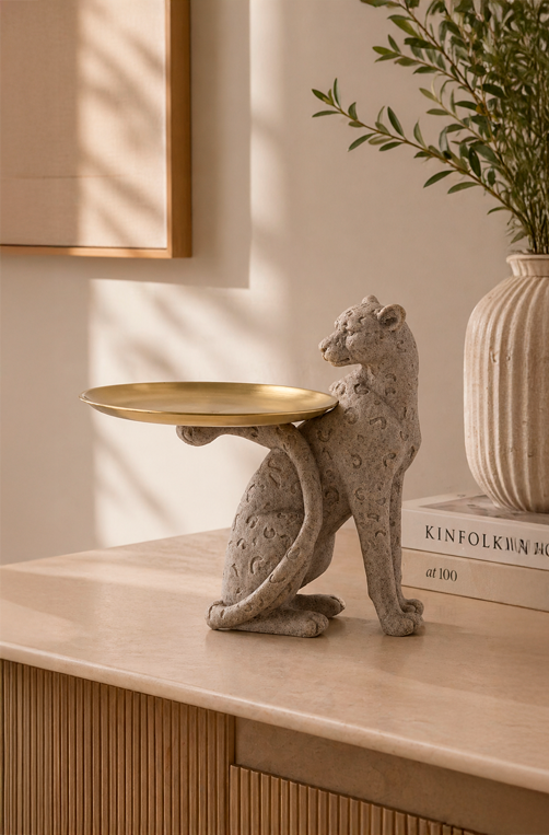 Escultura Decorativa Leopardo com Bandeja Dourado em Poliresina