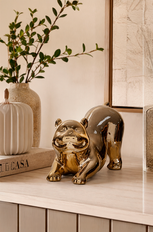 Escultura Decorativa de Urso Dourado em Cerâmica 6,5cm