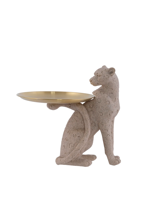 Escultura Decorativa Leopardo com Bandeja Dourado em Poliresina