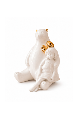 Escultura Decorativa Menina e Urso Branco e Dourado em Resina