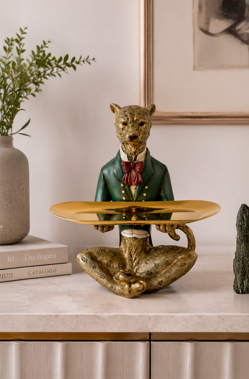 Escultura Decorativa Leopardo com Bandeja em Resina