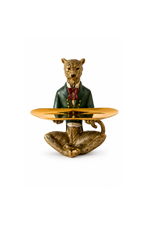 Escultura Decorativa Leopardo com Bandeja em Resina