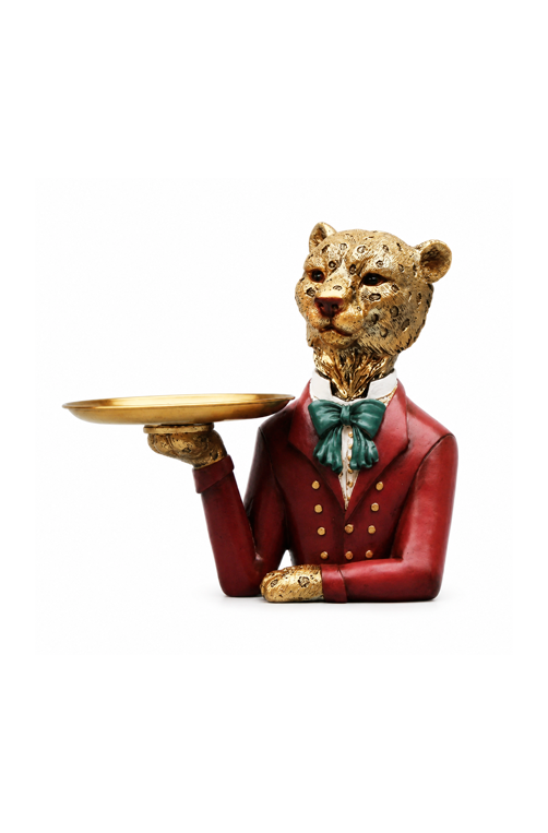 Escultura Decorativa Leopardo Casaco Vermelho com Bandeja em Resina