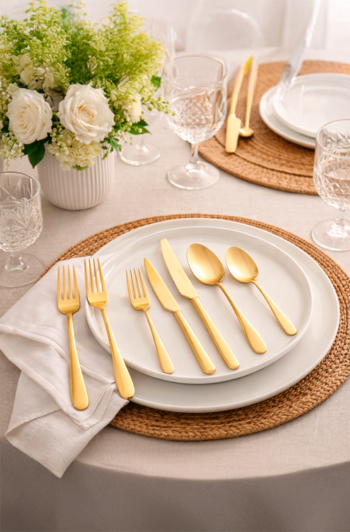 Faqueiro de Aço Inox com Caixa Litografada Viena Dourado 30 Peças