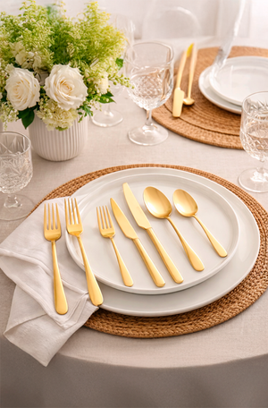 Faqueiro de Aço Inox com Caixa Litografada Viena Dourado 30 Peças