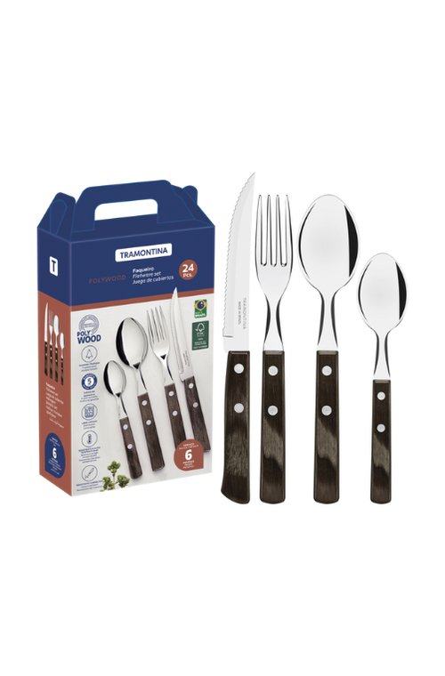 Faqueiro Polywood em Aço Inox e Cabos de Madeira Tratada Castanho 24 Peças