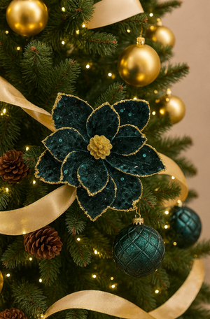 Flor de Magnolia Natalina de Veludo com Glitter Verde