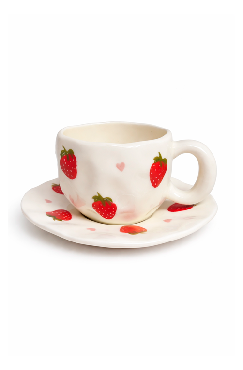 Xícara com Pires Cerâmica Strawberry 250ml