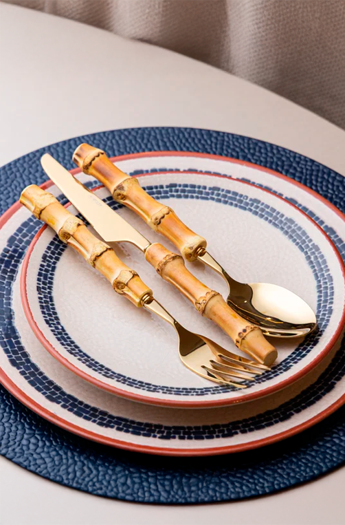 Faqueiro Aço Inox Dourado Com Cabo De Bambu Tulum 12 Peças