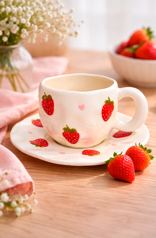 Xícara com Pires Cerâmica Strawberry 250ml