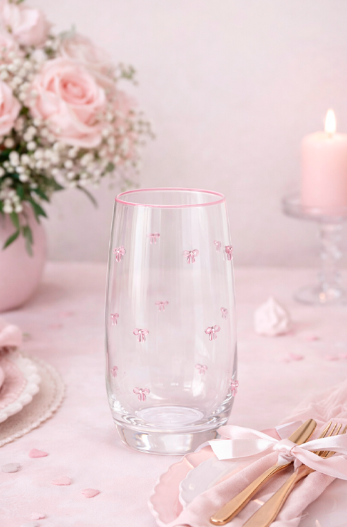 Conjunto de Copos de Vidro com Laço Borda Rosa - 6 peças