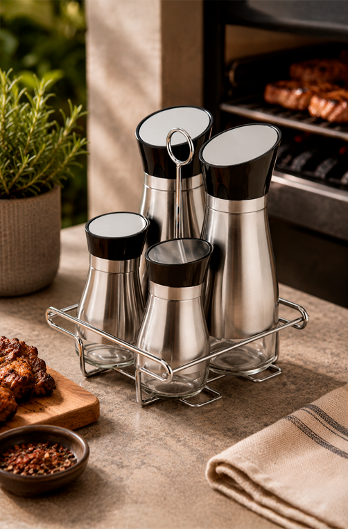 Galheteiro com Suporte Inox 4 Peças