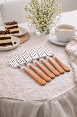 Conjunto 6 Garfos para Bolo de Aço Inox com Cabo em Plástico Amadeirado Milão