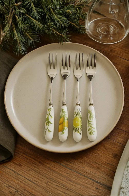 Conjunto 4 Garfos Sobremesa Limone Aço Inox Com Cabo Porcelana