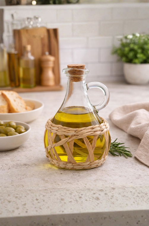 Garrafa para Azeite com Fibra Natural e Tampa Cortiça de Vidro 320ml