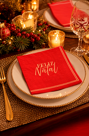 Guardanapo Natalino Feliz Natal Vermelho Folha Dupla 20 Peças