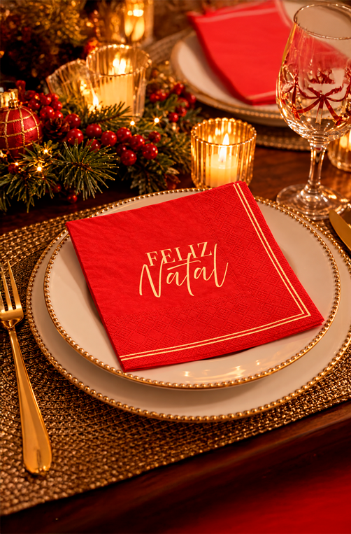 Guardanapo Natalino Feliz Natal Vermelho Folha Dupla 20 Peças