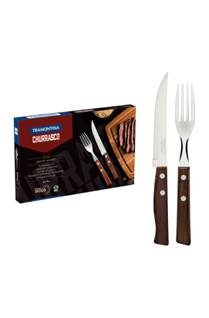 Conjunto de Talheres para Churrasco de Aço Inox e Cabos de Madeira Natural 12 Peças