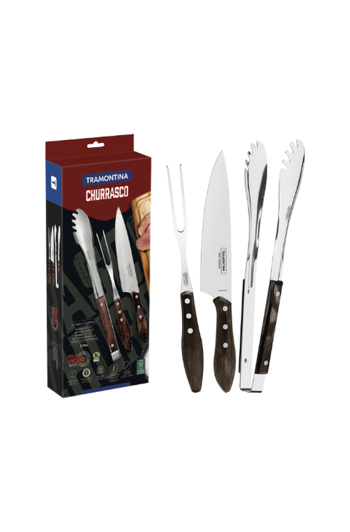 Jogo para Churrasco em Aço Inox com Cabo de Madeira Tratada Polywood Castanho 3 Peças