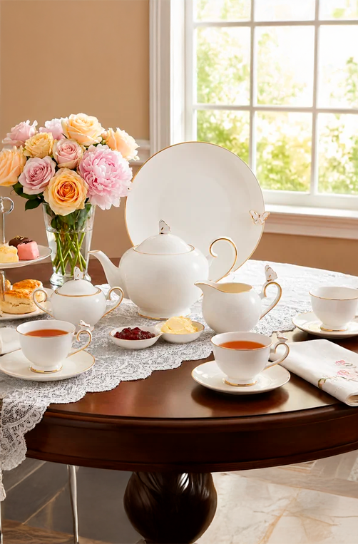 Jogo de Chá e Café Papillon com Borda Dourado em Porcelana 23 Peças