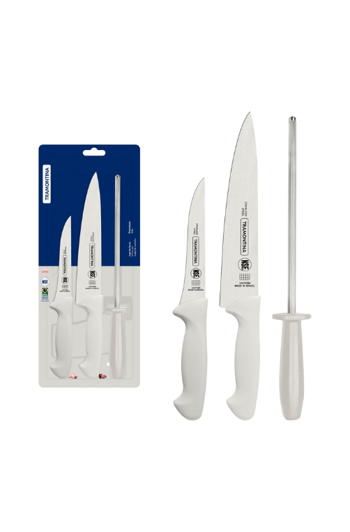 Conjunto de Facas Premium em Aço Inox e Cabos de Polipropileno Branco com Chaira 3 Peças