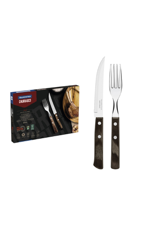 Jogo de Talheres para Churrasco em Aço Inox com Cabo Castanho Polywood 12 Peças
