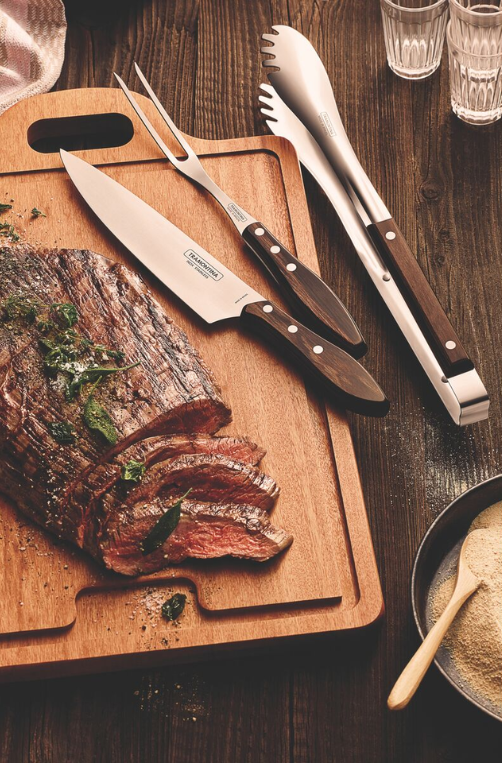 Jogo para Churrasco em Aço Inox com Cabo de Madeira Tratada Polywood Castanho 3 Peças