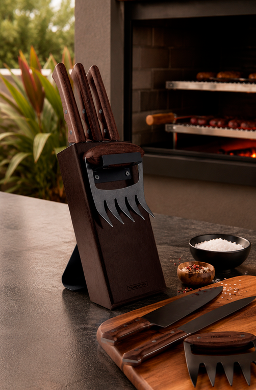 Kit para Churrasco Black com lâminas de Aço Inox e Cabo de Madeira 5 Peças