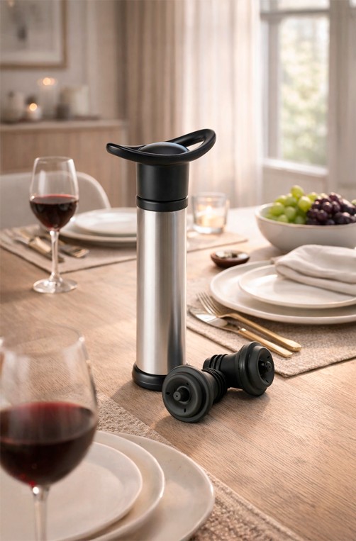 Kit Bomba de Vácuo para Vinho em Inox com 2 Tampas