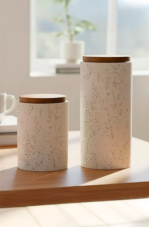 Conjunto de Potes com Aspecto em Cimento e Tampa em Madeira 2 Peças